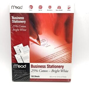 Mead Business Stationery Paper 25 Percent Cotton Bright White 100 Sheets 8.5x11